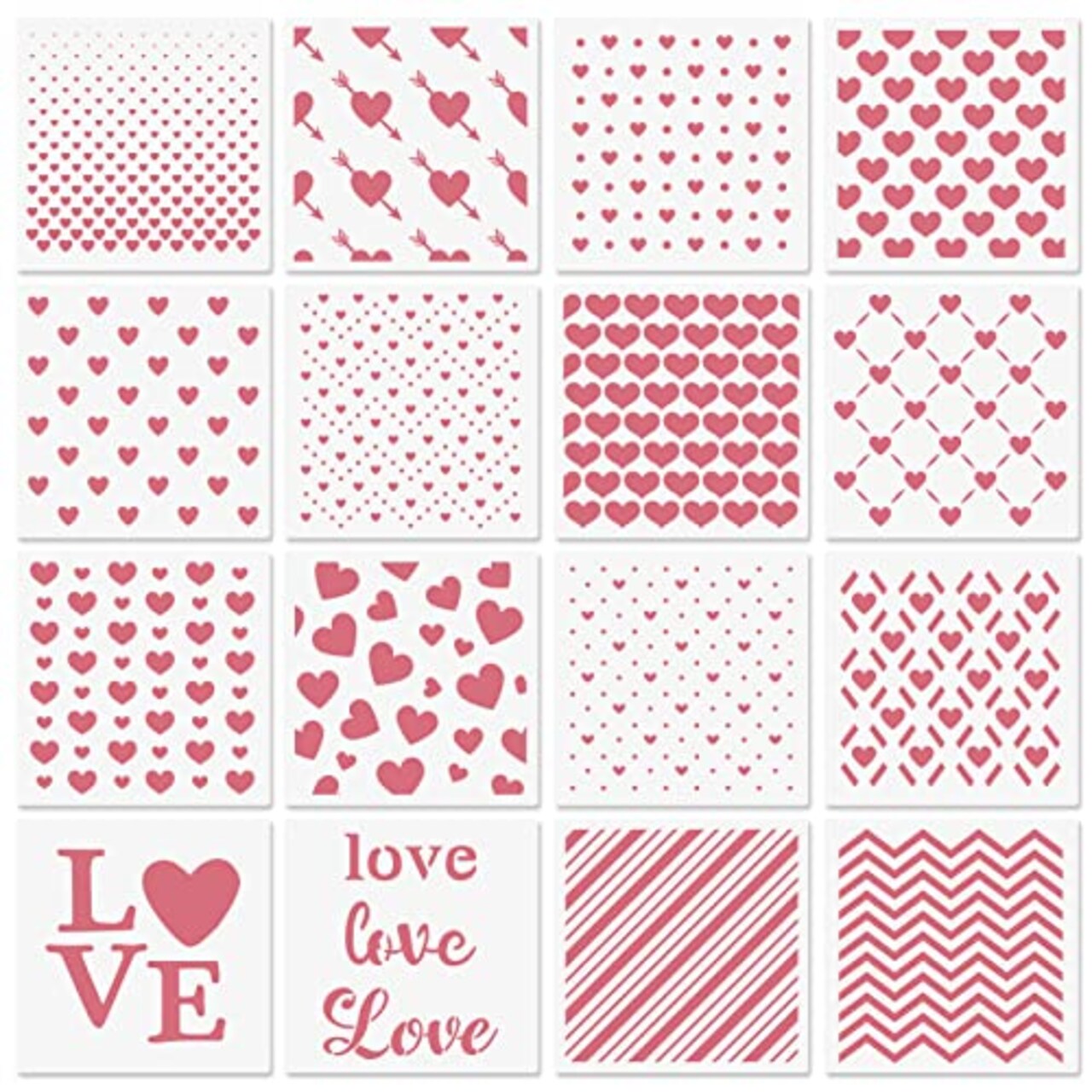 6x6 in Hearts Love Cookie Stencils for Royal Icing, Valentine Stencils for Sugar Cookie, 16 Pcs Reusable Plastic Biscuit Stencils with Assorted Sizes Heart Shapes Love Letters for Fondant Candy Baking